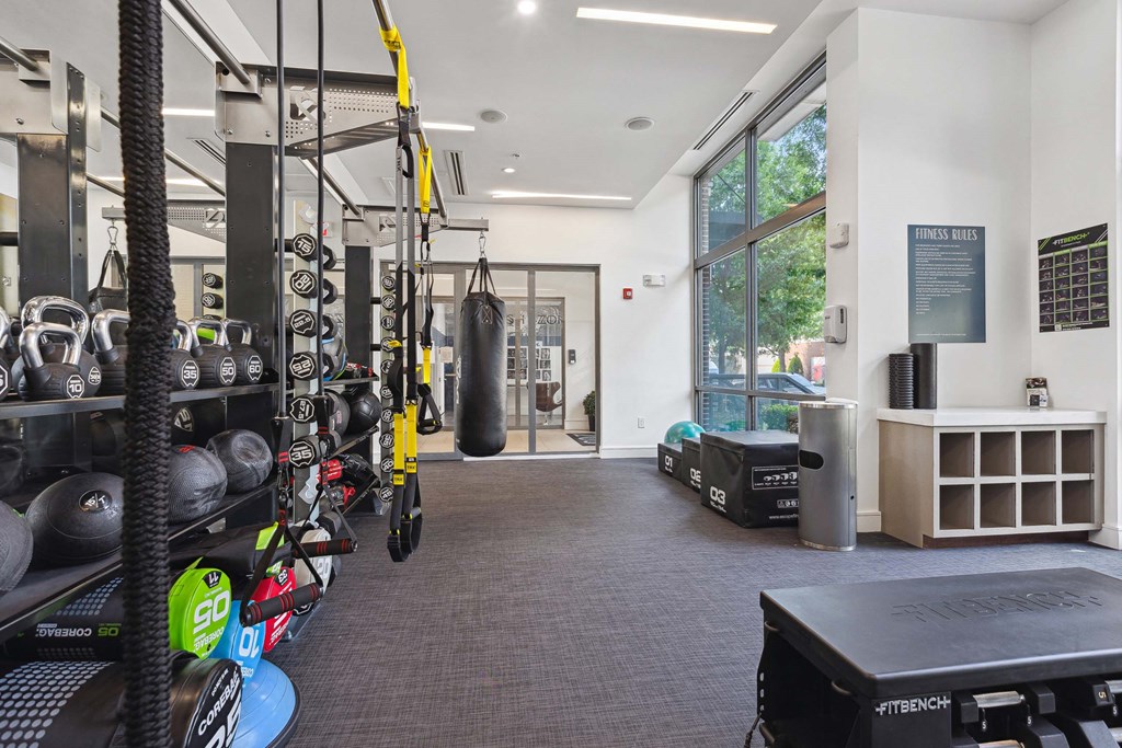 a gym with a punching bag and weights on the wall