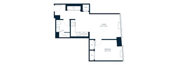 A floor plan of a living area and bedroom.