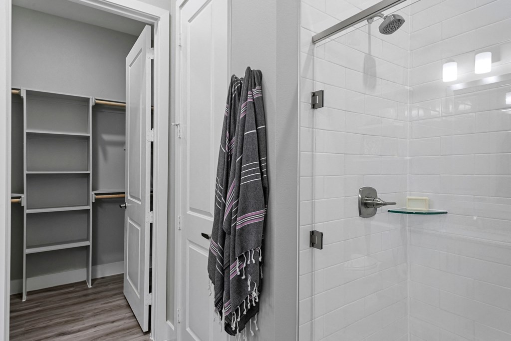a bathroom with a shower and a closet