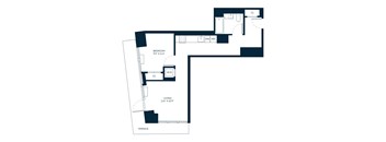 A floor plan of a house with a bedroom, living room, and terrace.