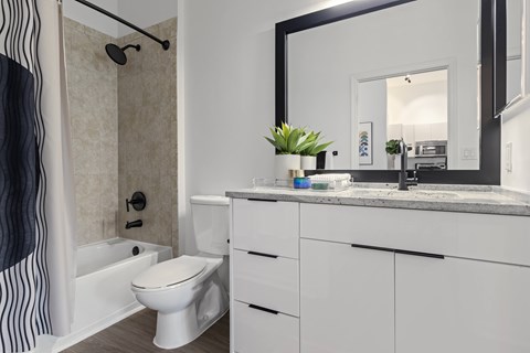 A bathroom with a toilet, sink, and mirror.