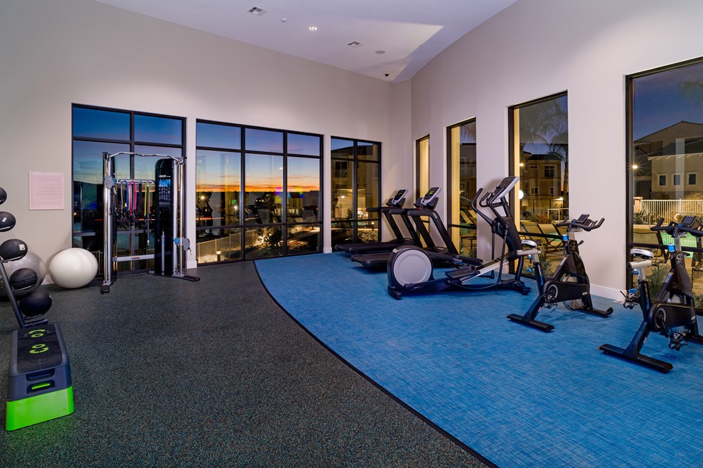 A gym with a view of the sunset through the windows.