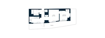 A floor plan of a house with a living room, bedroom, and bathroom.