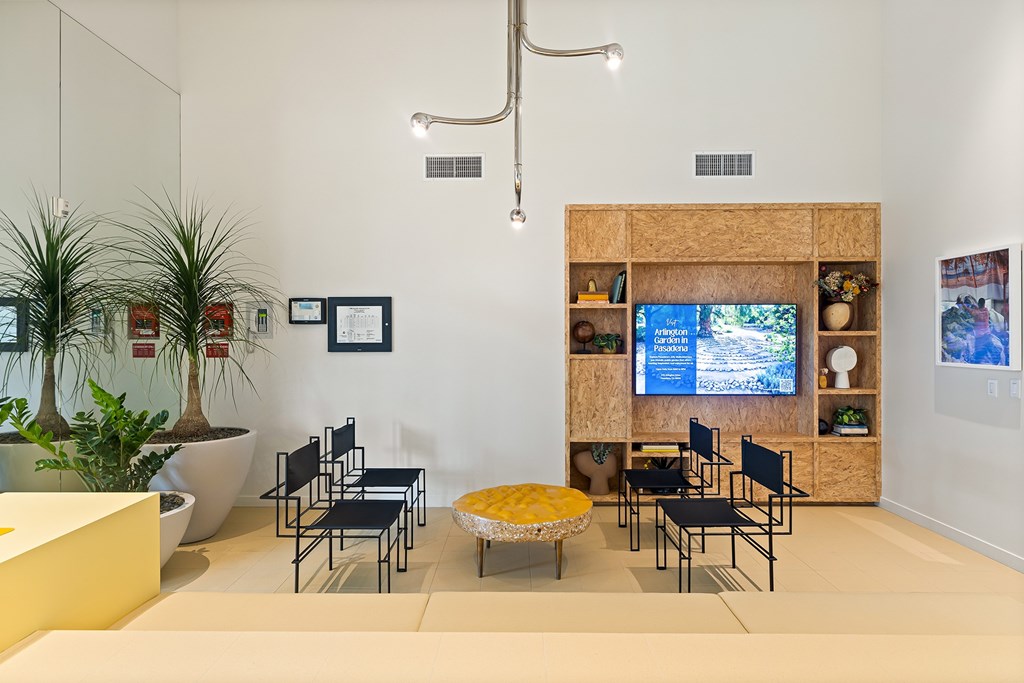 A room with a television, chairs, and plants.