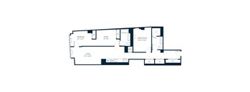 A floor plan of an apartment with a living room, two bedrooms, a study, and a home office.
