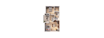 A top-down view of a small apartment with a kitchen, living room, and bathroom.