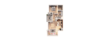 A top-down view of a house layout with a living room, kitchen, and two bedrooms.