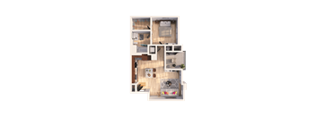 A top-down view of a house layout with a kitchen, living room, and two bedrooms.