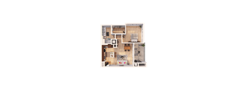 A 3D rendered image of a small apartment layout.