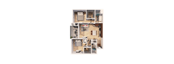 A 3D floor plan of a small apartment with a kitchen, living room, and bedrooms.