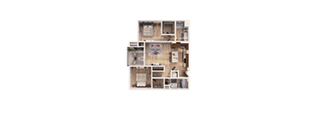 A top-down view of a house layout with a kitchen, living room, and bedrooms.