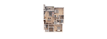 A detailed 3D floor plan of a house layout.