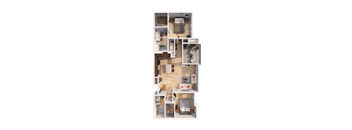 A detailed 3D floor plan of a modern apartment.