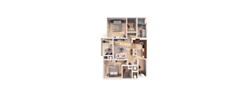 A top-down view of a small apartment with a living room, kitchen, and bedroom.