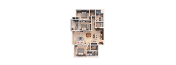 A top-down view of a small apartment with a living room, kitchen, and bedrooms.