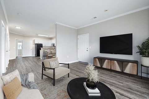 A living room with a black sofa and a black television.
