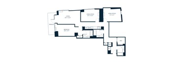 A floor plan of a house with two bedrooms, a living room, two home offices, a terrace, and a WIC.