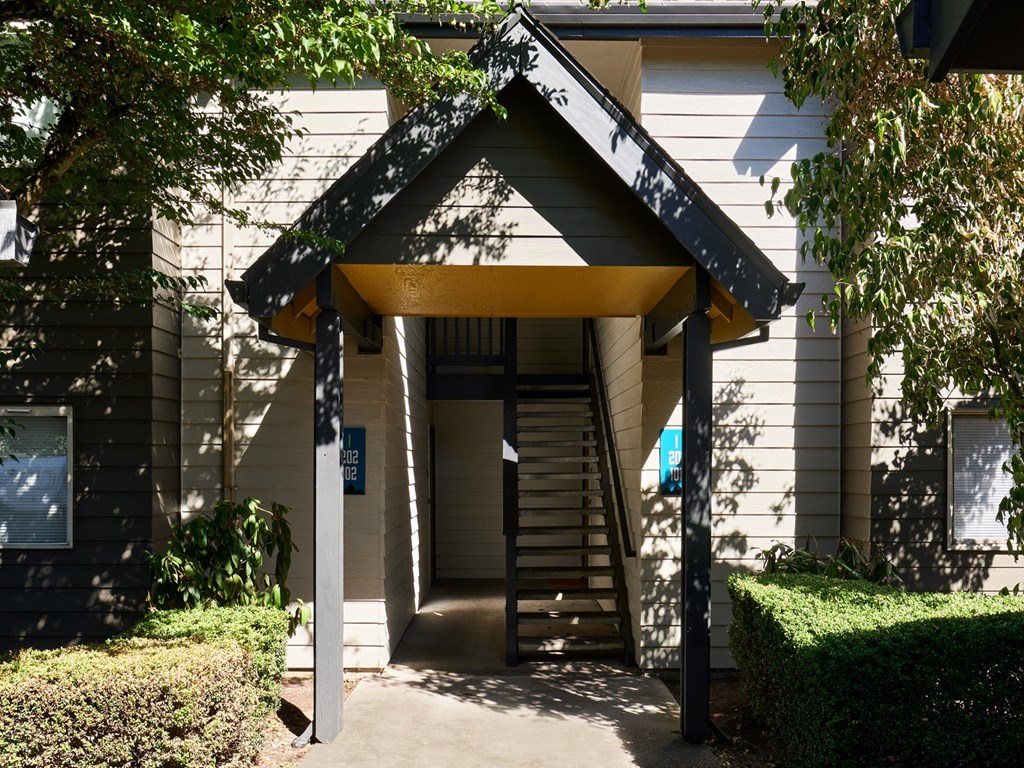 a building with a staircase in front of it