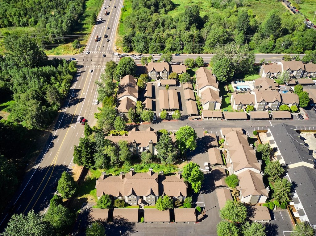 an aerial view of a neighborhood with houses and trees