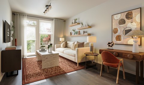 A living room with a red chair and a white couch.