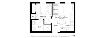 A floor plan of a small apartment with a bedroom, living/dining room, kitchen, bath, and entry.