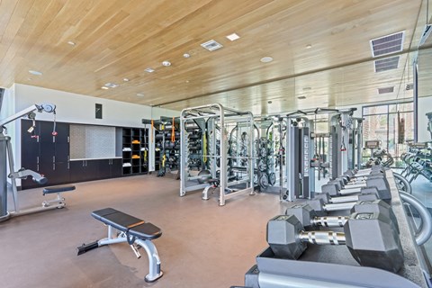 Gym with cardio equipment and weights at Array La Mesa, La Mesa, CA