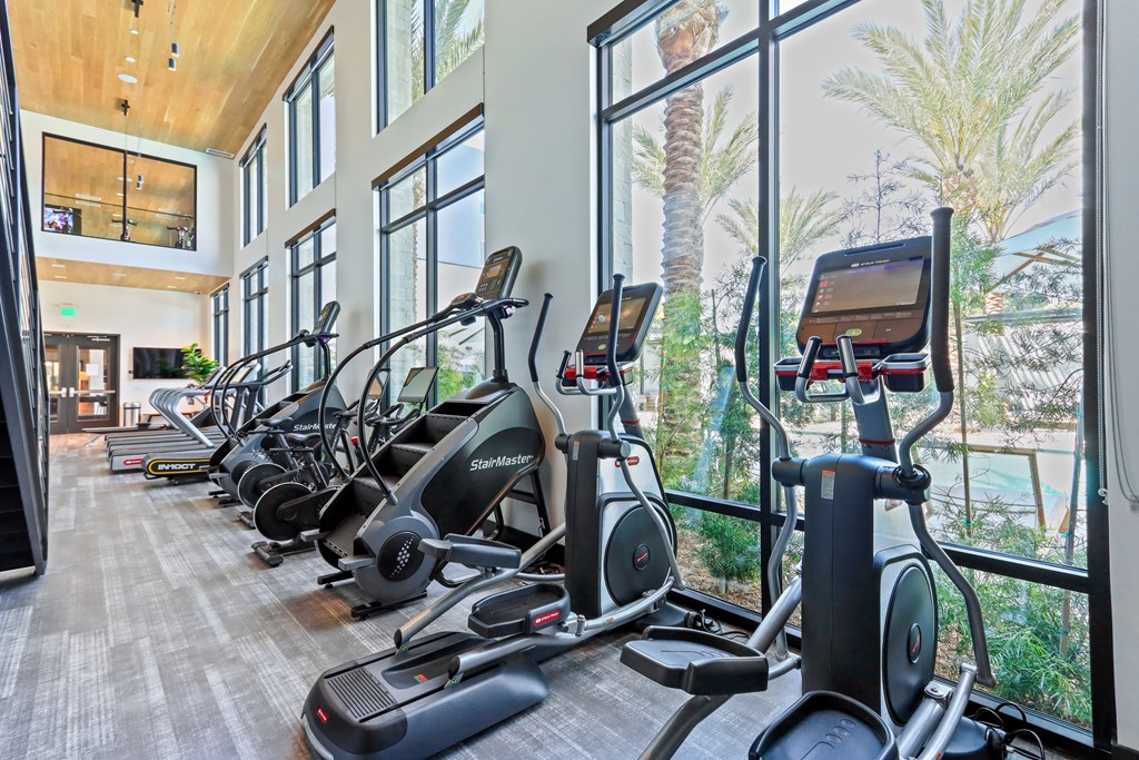 Row of exercise bikes in a fitness room with large windows at Array La Mesa, La Mesa
