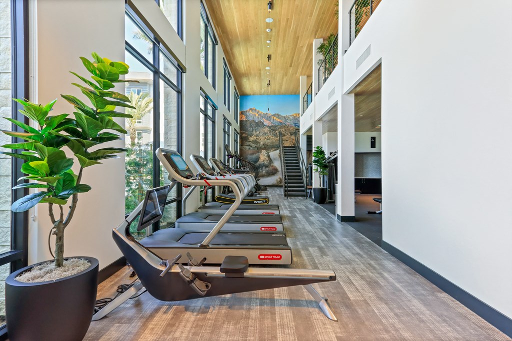 Gym with treadmills and a mural of a mountain on the wall at Array La Mesa, La Mesa, CA 91942