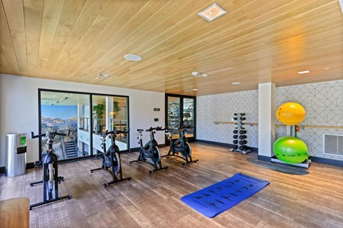 Home gym with exercise bikes and a yoga mat at Array La Mesa, California, 91942