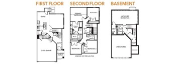 A diagram shows the layout of the first floor, second floor, and basement of a house.