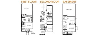 A floor plan of a house showing the first floor, second floor, and basement.