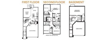 A set of three floor plans for a house showing the first floor, second floor and basement.