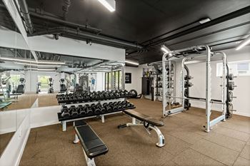 A gym with a bench, weights, and exercise equipment.