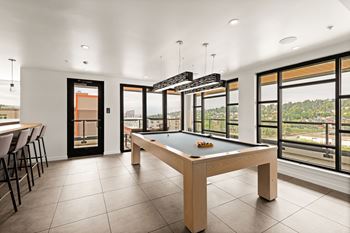 A billiard table is in the middle of a room with a view of the outdoors.