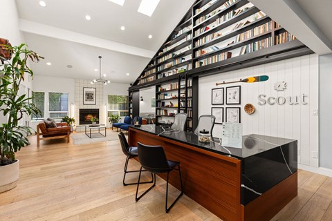 A Scout logo is on a wall above a counter.