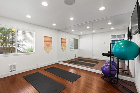 A room with a yoga mat, exercise balls and mirrors.