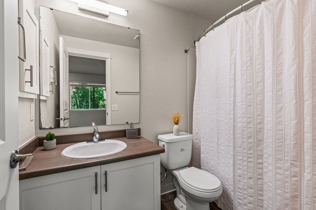 A bathroom with a white toilet, sink, and shower curtain.