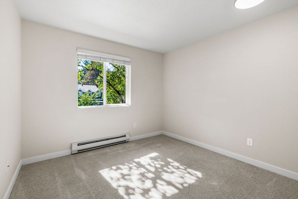 A room with a window and a carpet on the floor.