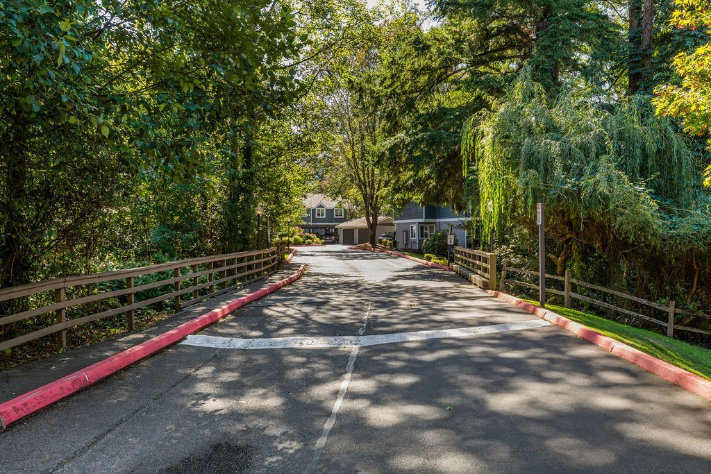 A road with a red curb and trees on both sides.