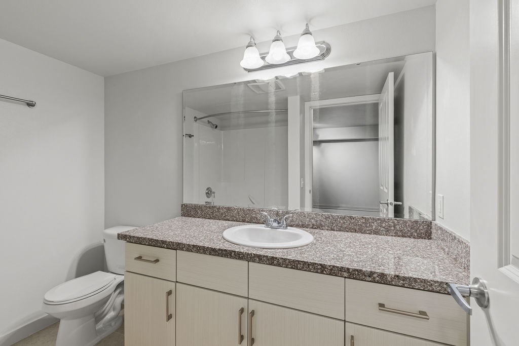 A bathroom with a granite countertop and a white toilet.