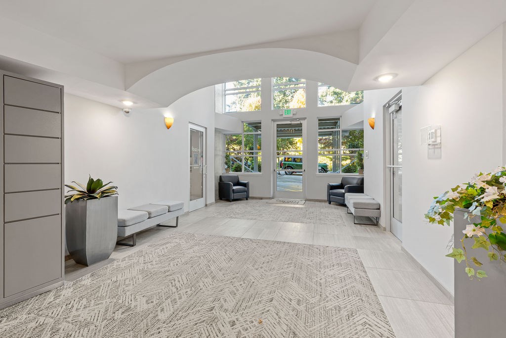 A hallway with a bench and a plant.