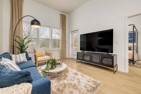 A living room with a blue couch and a white wall.