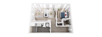 A top down view of a modern apartment with a kitchen, living room, and bedroom.