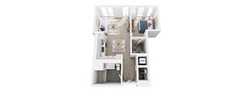 A top down view of a small apartment with a kitchen, living room, and bathroom.