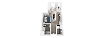 A top down view of a small apartment with a kitchen, living room, and bathroom.