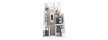 A top down view of a small apartment with a bed, a desk, and a kitchenette.