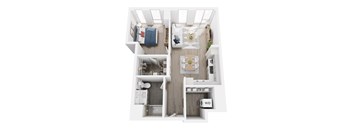 A top down view of a small apartment with a kitchen, living room, and bathroom.