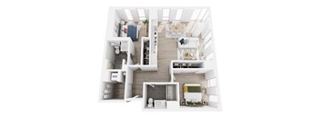 A white and wood floor plan of a house with a living room, kitchen, and bathroom.