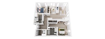 A white and wood floor plan of a house with a living room, dining room, kitchen, and bathrooms.