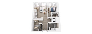 A top down view of a modern apartment layout.